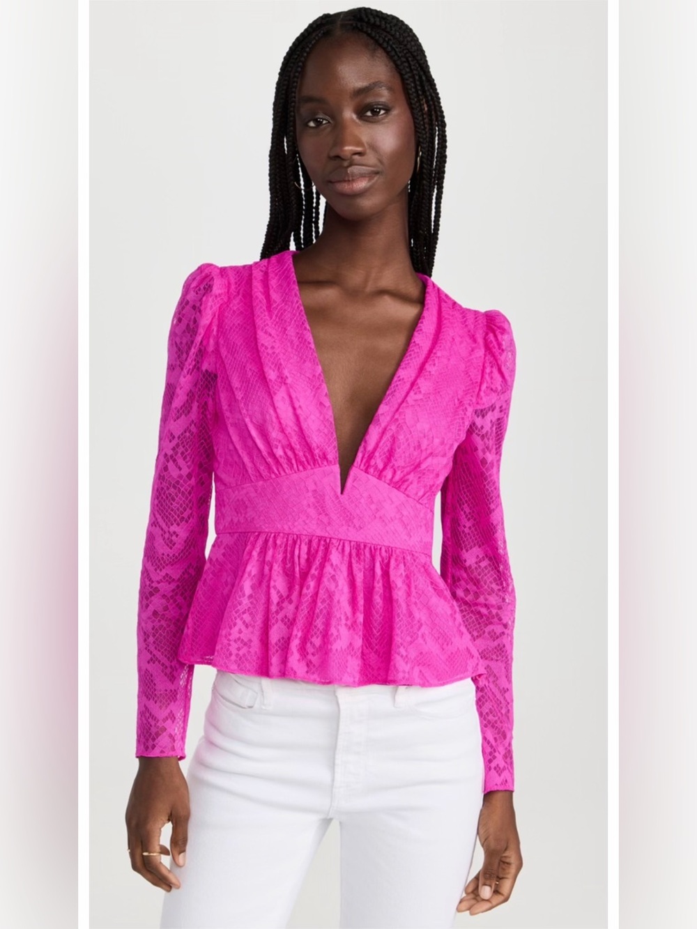 NWOT - SAYLOR Lace Peplum Deep V-Neck Blouse - Pink - Size Large